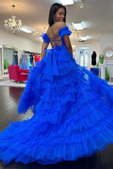 Adalynn Dressystars  Royal Blue Off the Shoulder Ruffle Tiered Tulle Material Long Prom Dresses with Split Design