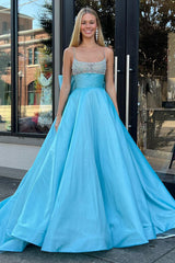 A Line Blue Beaded Long Prom Dress With Bowknot