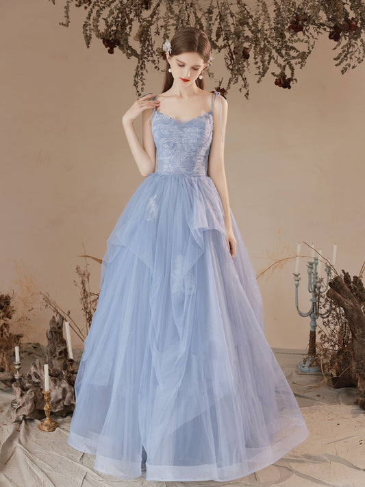 Blue A-Line Tulle Lace Long Prom Dress Blue Lace Formal Evening Dress