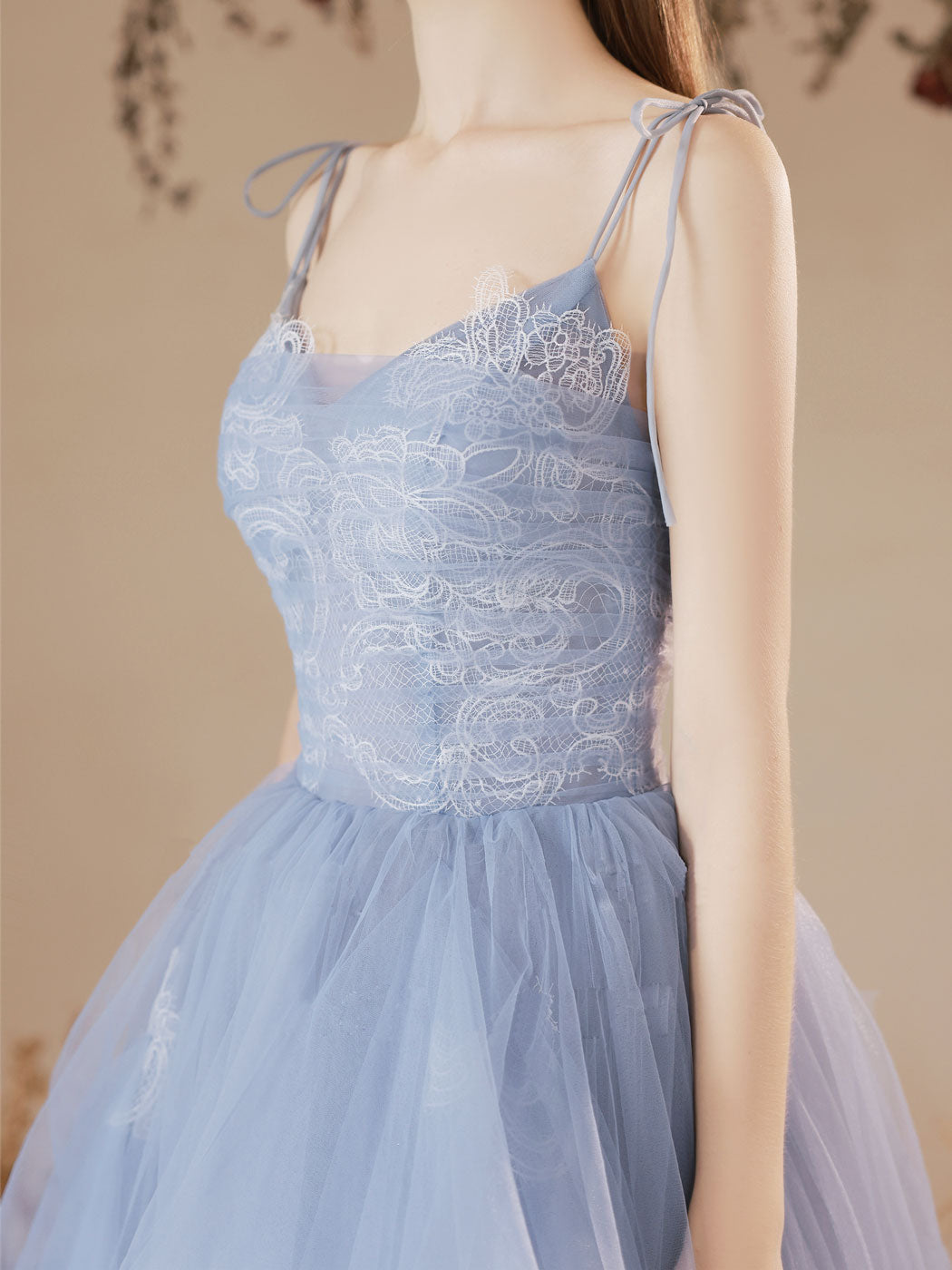 Blue A-Line Tulle Lace Long Prom Dress Blue Lace Formal Evening Dress