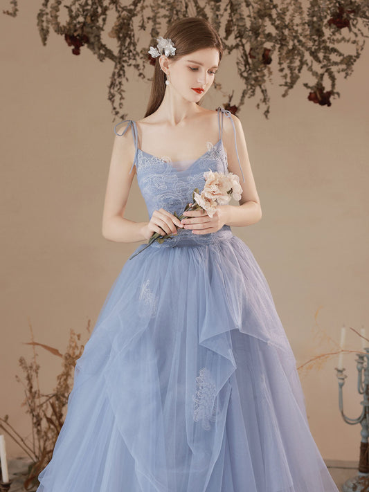 Blue A-Line Tulle Lace Long Prom Dress Blue Lace Formal Evening Dress