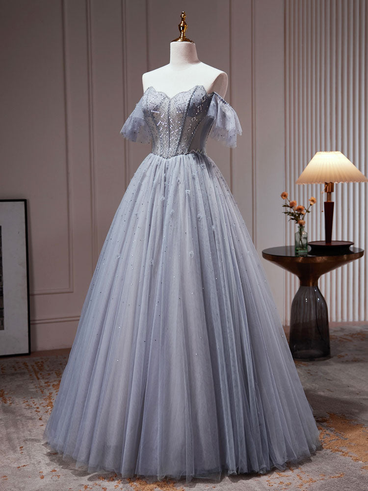 A-Line Gray Blue Tulle Sequin Beaded Long Prom Dress Gray Blue Evening Dress