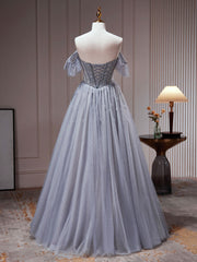 A-Line Gray Blue Tulle Sequin Beaded Long Prom Dress Gray Blue Evening Dress