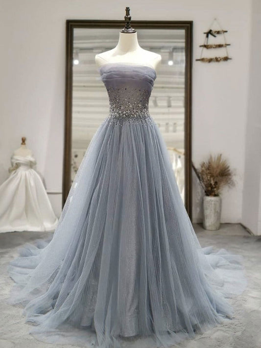 Gray Tulle Sequin Long Prom Dress Gray Tulle Formal Dress