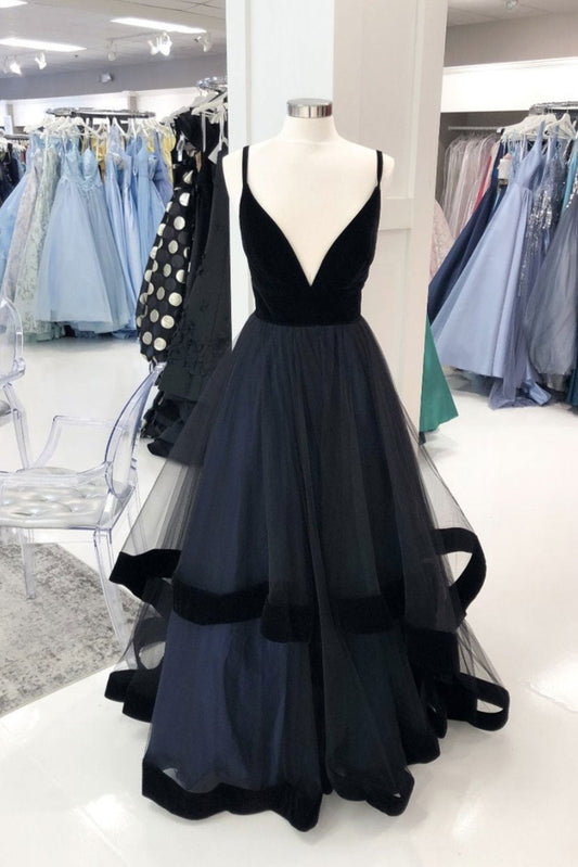 Simple Black Tulle Long Prom Dress Black Tulle Formal Dress