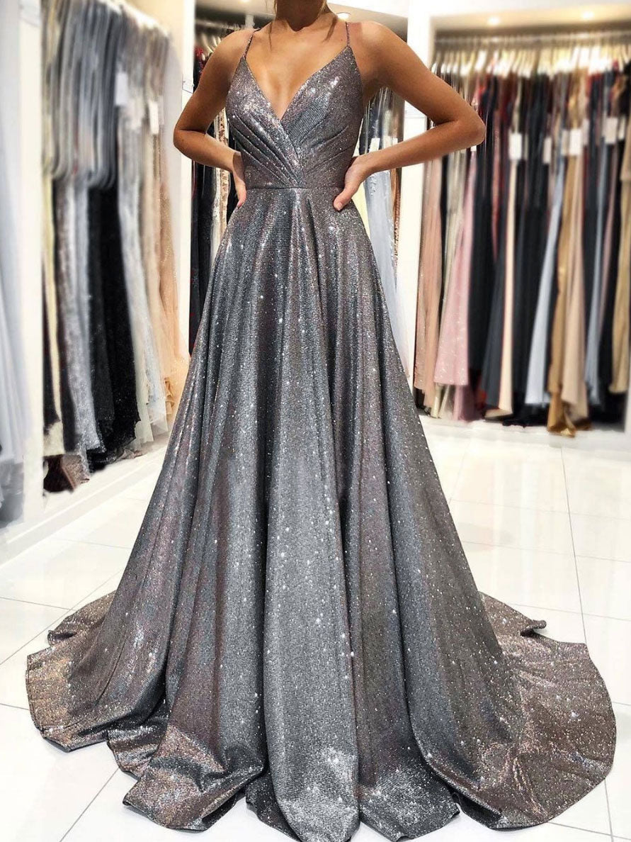 Simple Gray V-Neck Satin Long Prom Dress Gray Evening Dress