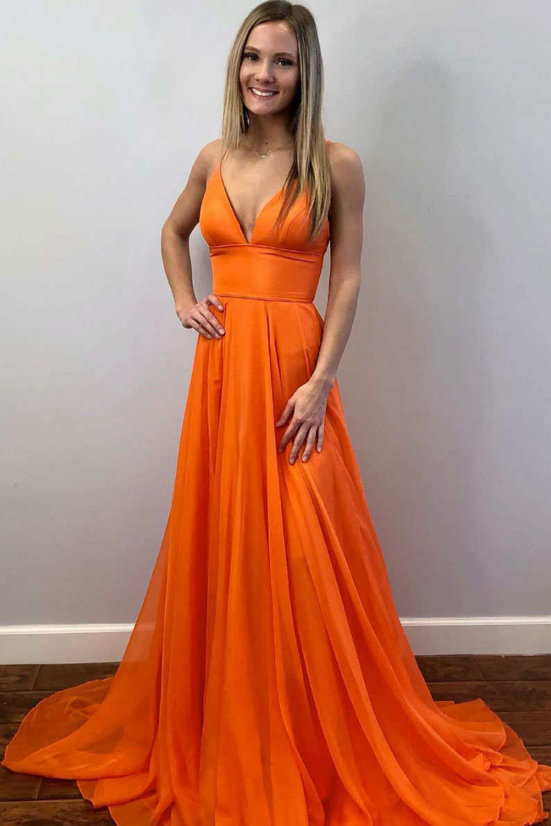 Simple Orange Tulle Long Prom Dress Orange Evening Gown