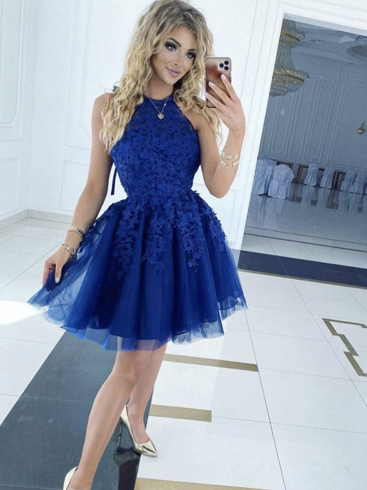 Blue Tulle Lace Short Prom Dress Blue Lace Homecoming Dress