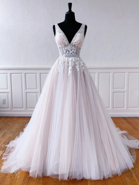 Light Champagne Tulle Lace Long Prom Dress Lace Evening Dress