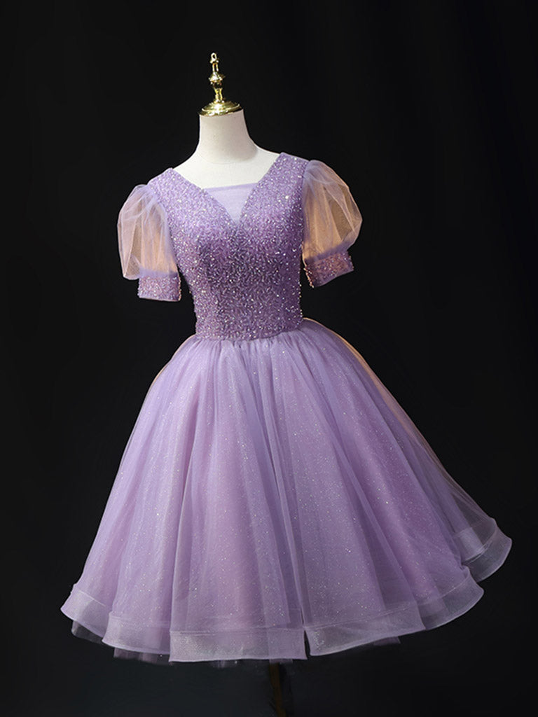 Purple V-Neck Tulle Beaded Sequin Short Prom Dress Purple Homecoming Dress