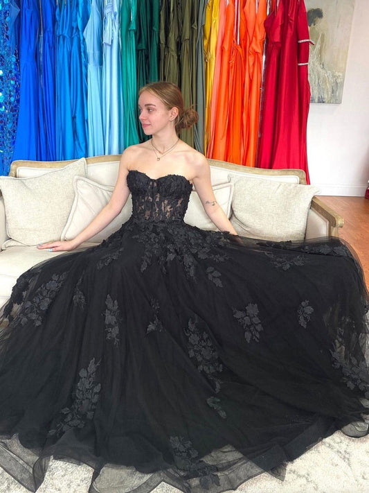 Black A-Line Tulle Lace Long Prom Dress Black Tulle Formal Dress