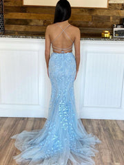 Blue Tulle Long Mermaid Evening Dress Two-Piece Blue Prom Dress