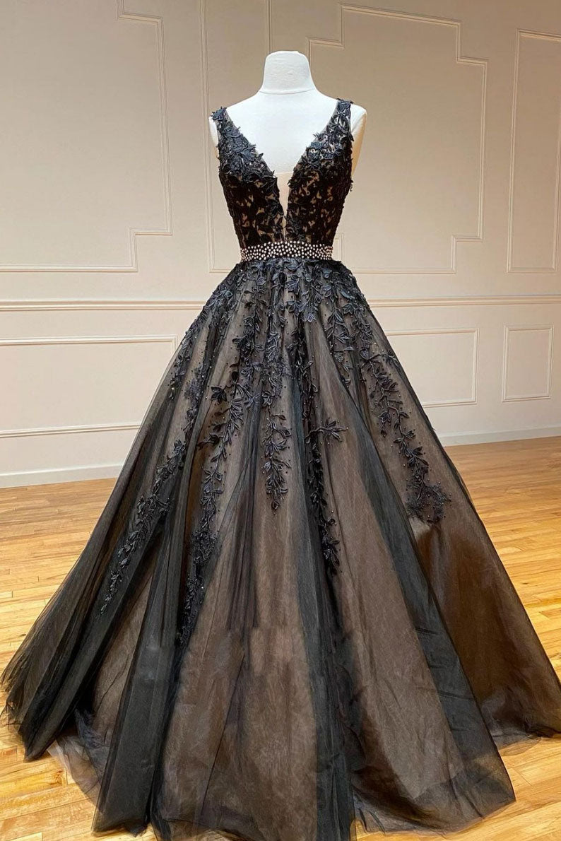 Black V-Neck Tulle Lace Beaded Long Prom Dress Black Tulle Formal Dress