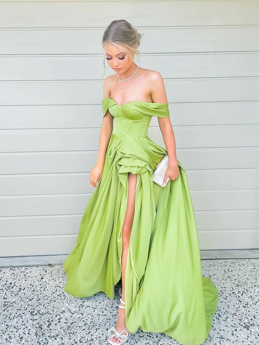 Simple Green Off-Shoulder Satin Long Prom Dress Green Evening Dress