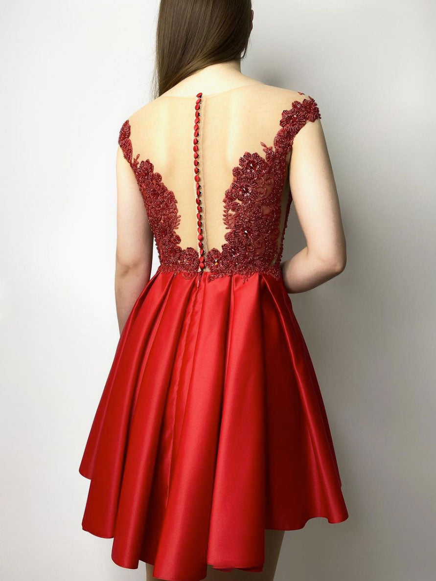 Red Round Neck Satin Lace Beaded Short Prom Dress Red Homecoming Dress