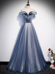 Blue Off-Shoulder Tulle Long Prom Dress Blue Tulle Formal Dress