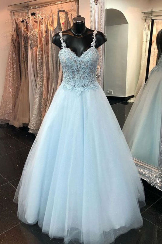 Blue Sweetheart Tulle Lace Long Prom Dress Blue Formal Gown