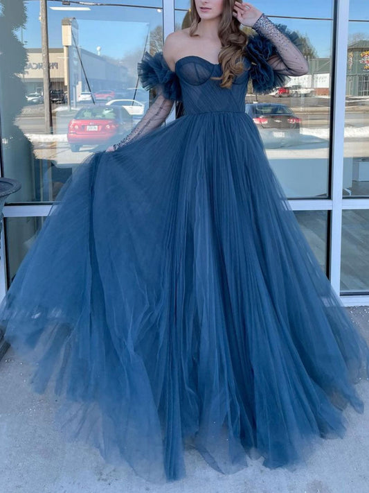 Gray Blue Tulle Long Prom Dress Blue Long Sleeves Evening Dress