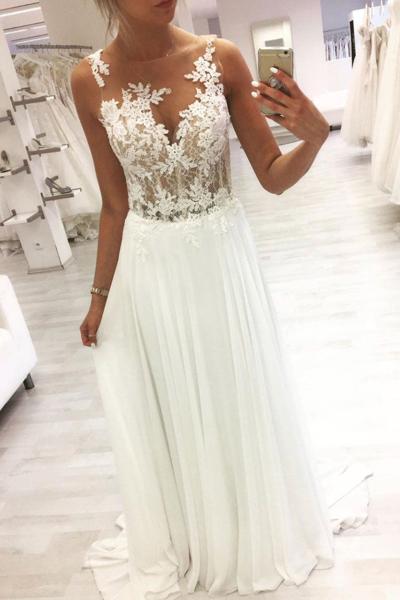 White Round Neck Tulle Lace Long Prom Dress Lace Formal Dress