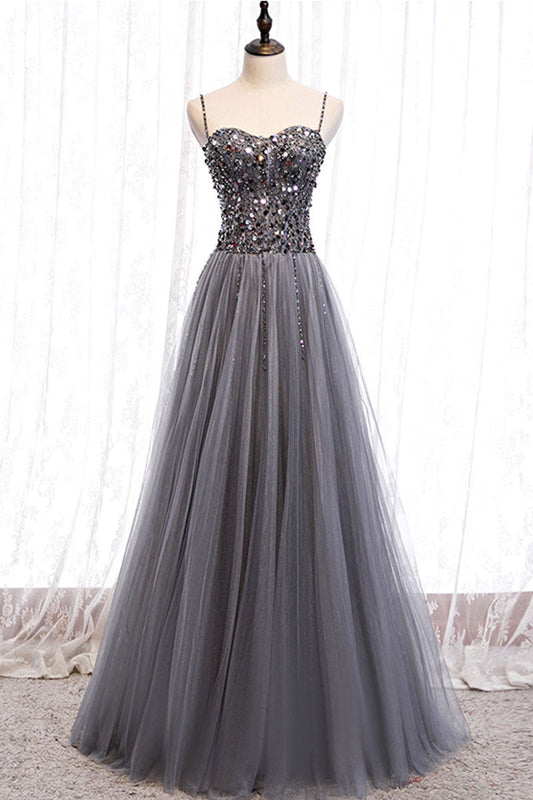 Gray Tulle Sweetheart Neck Sequin Long Prom Dress Gray Formal Gown