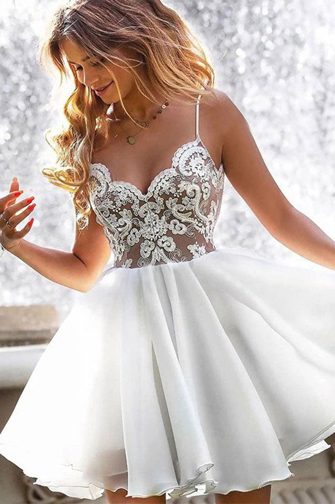 White Lace Satin Short Prom Dress White Lace Homecoming Dress