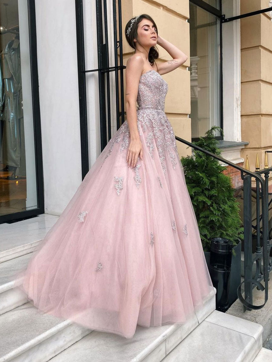 Pink Tulle Lace Long Prom Dress Pink Tulle Lace Evening Dress