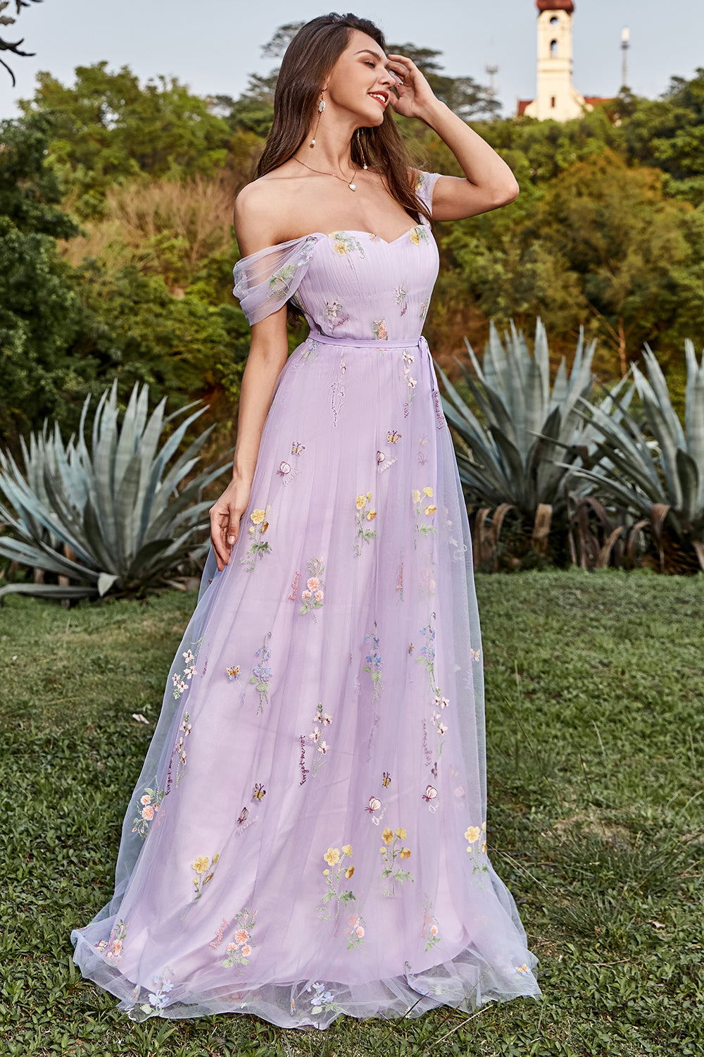 Lavender A Line Tulle Off the Shoulder Embroidery Prom Dress