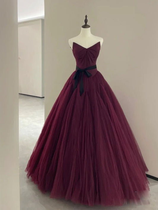 A-Line Burgundy Tulle Long Prom Dress Burgundy Evening Dress