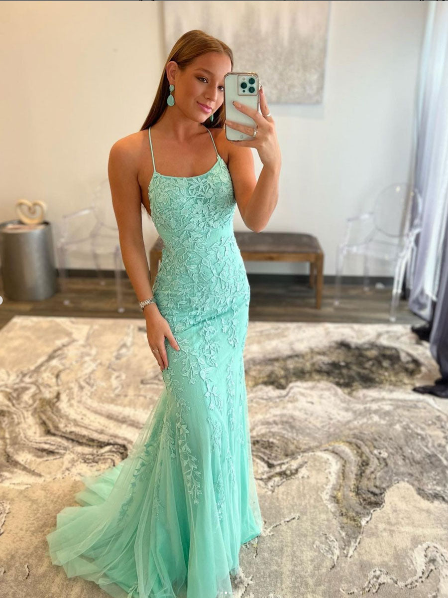 Green Tulle Lace Mermaid Long Prom Dress Green Tulle Formal Dress