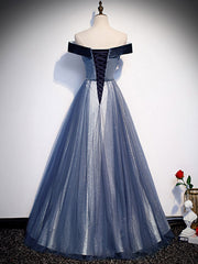 Blue Off-Shoulder Tulle Long Prom Dress Blue Tulle Formal Dress