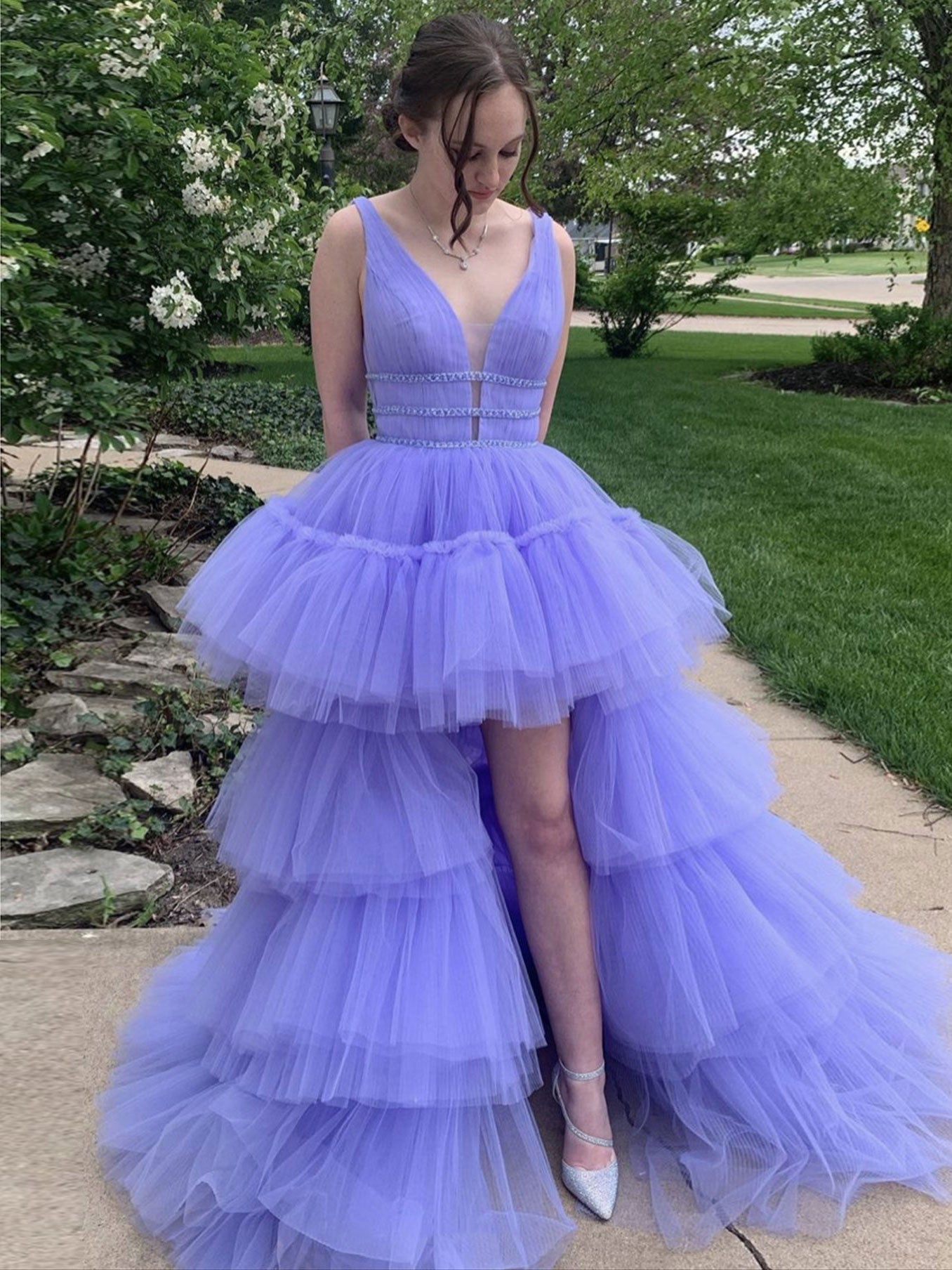 Purple V-Neck Tulle High-Low Prom Dress Purple Evening Dress