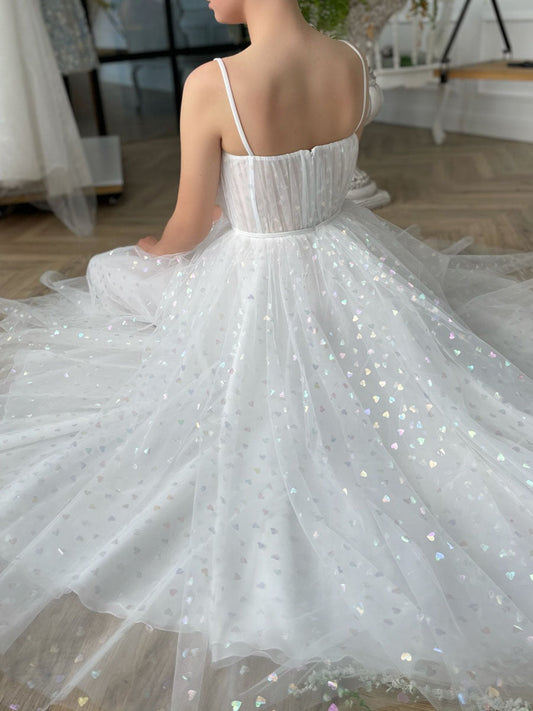 White Sweetheart Neck Tulle Tea-Length Prom Dress White Evening Gown