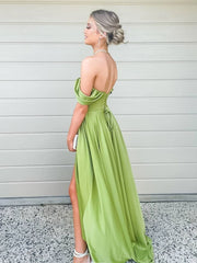 Simple Green Off-Shoulder Satin Long Prom Dress Green Evening Dress