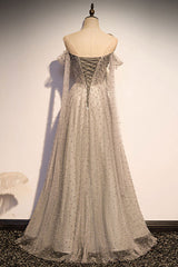 Gray Tulle One-Shoulder Long Prom Dress Gray Formal Dress