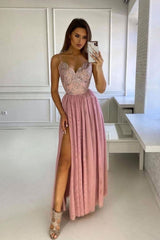 Pink V-Neck Lace Long Prom Dress Pink Bridesmaid Dress