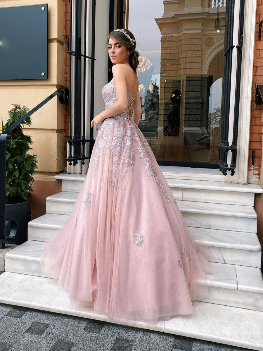 Pink Tulle Lace Long Prom Dress Pink Tulle Lace Evening Dress