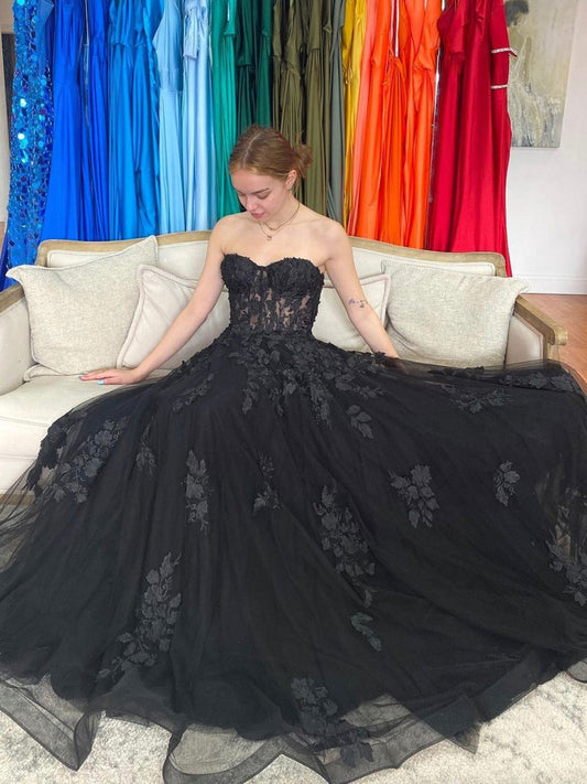 Black A-Line Tulle Lace Long Prom Dress Black Tulle Formal Dress