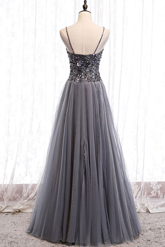 Gray Tulle Sweetheart Neck Sequin Long Prom Dress Gray Formal Gown