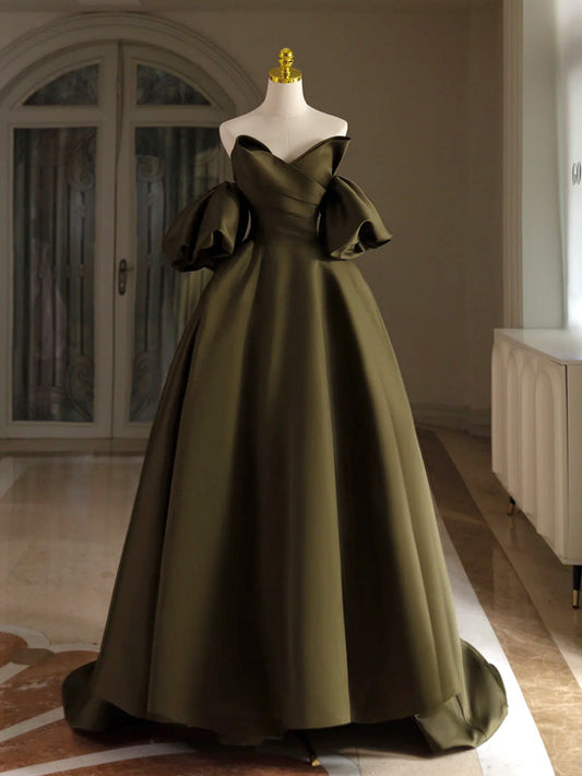 A-Line Puff Sleeves Olive Green Satin Long Prom Dress Olive Green Long Evening Dress