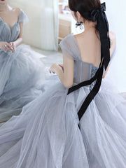 Gray Tulle Off-Shoulder Long Prom Dress Gray Tulle Formal Dress