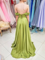 Simple Green Off-Shoulder Satin Long Prom Dress Green Evening Dress