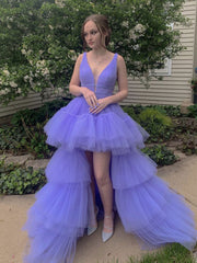 Purple V-Neck Tulle High-Low Prom Dress Purple Evening Dress