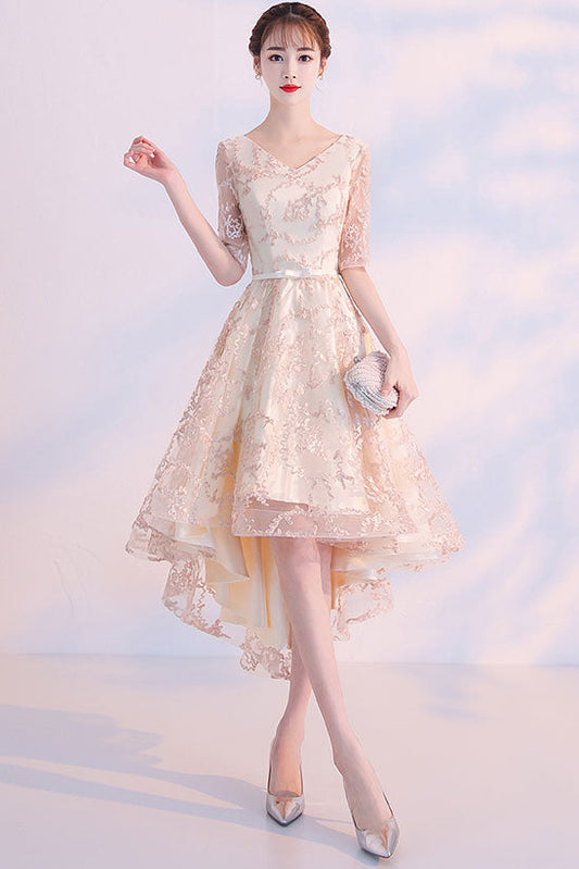 Champagne Lace High-Low Prom Dress Lace Evening Dress