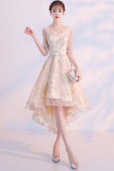 Champagne Lace High-Low Prom Dress Lace Evening Dress