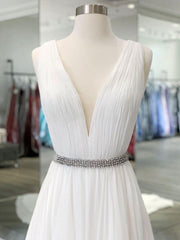 White V-Neck Chiffon Long Prom Dress White Lace Evening Dress