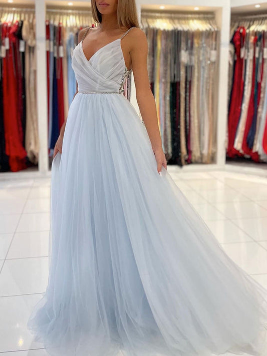 Light Blue Tulle Long Prom Dress Blue Tulle Formal Dress