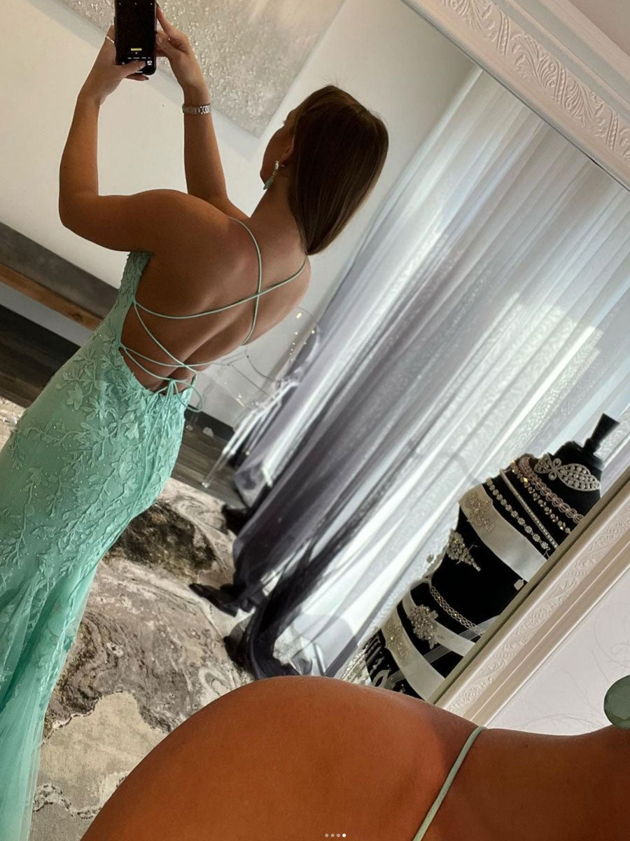 Green Tulle Lace Mermaid Long Prom Dress Green Tulle Formal Dress