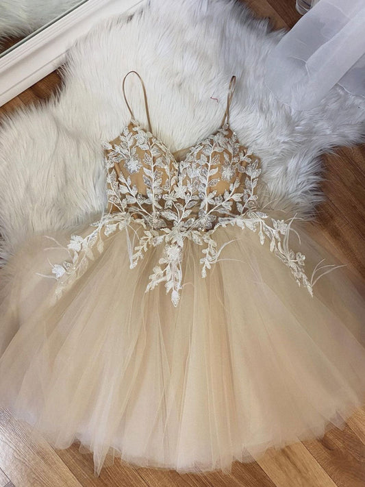 Champagne Tulle Lace Short Prom Dress Lace Homecoming Dress