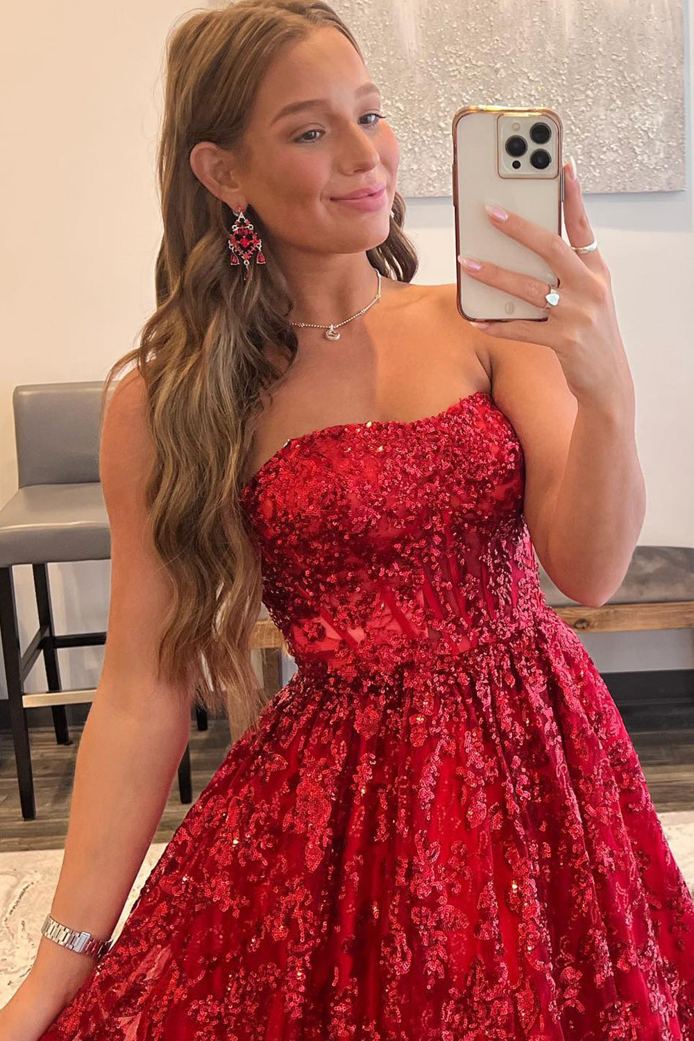 Sparkly Red Long Prom Dress with Pockets