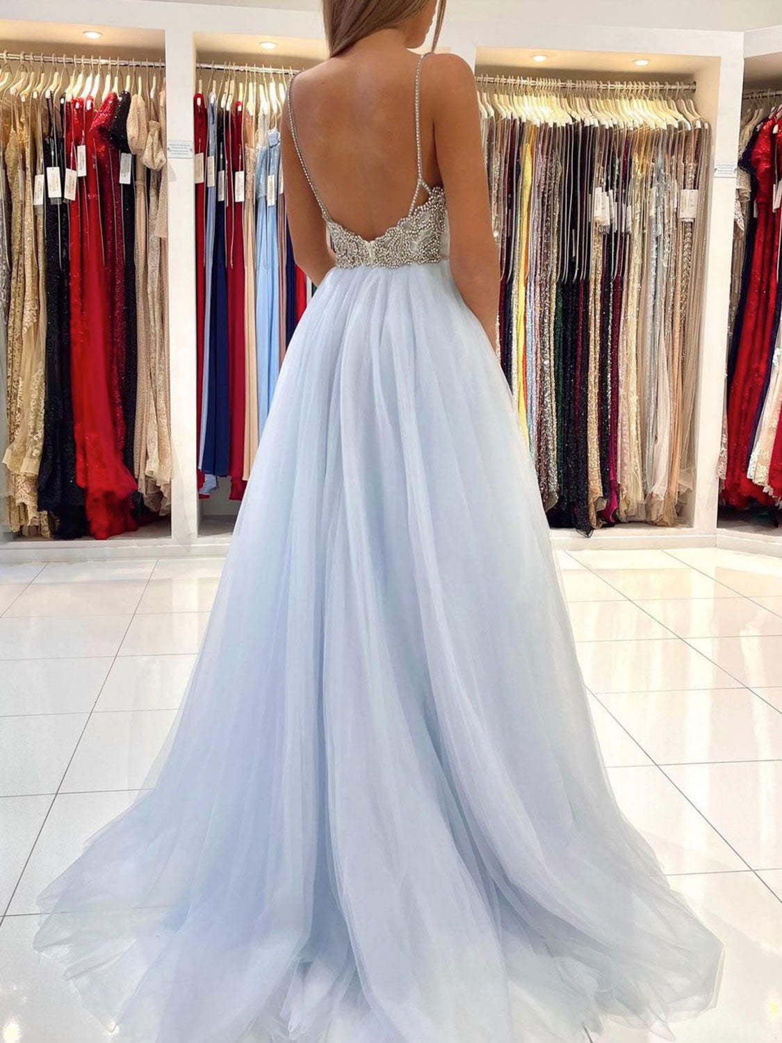 Light Blue Tulle Long Prom Dress Blue Tulle Formal Dress